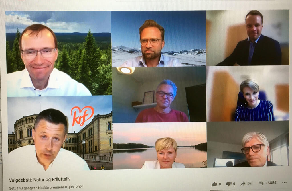 OOF hadde samlet en rekke sentrale politikere til årsmøte-debatt: Espen Barth Eide, Nikolai Astrup, Jon Helgheim, Rasmus Hansson, Kari Elisabeth Kaski, Espen Andreas Hasle, Anne Beathe Kristiansen Tvinnereim og Ola Elvestuen (Foto: Skjermdump fra debatten)