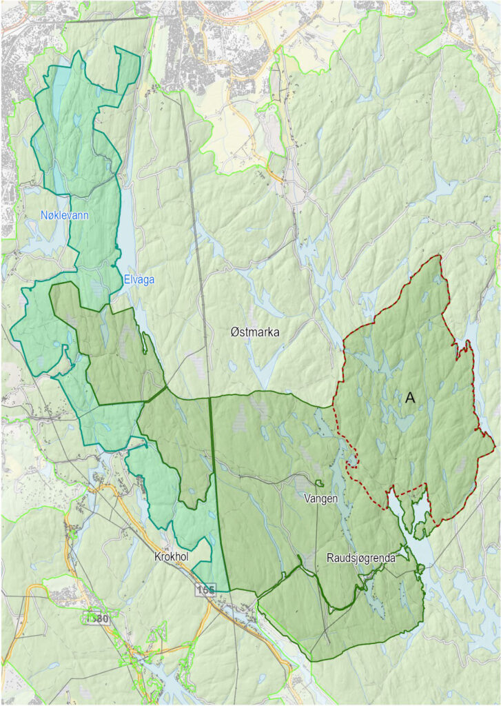 Statsforvalterens kart viser grensene for nasjonalparken (i grønt) og de foreslåtte friluftslivsområdene (i en lysere grønnfarge).