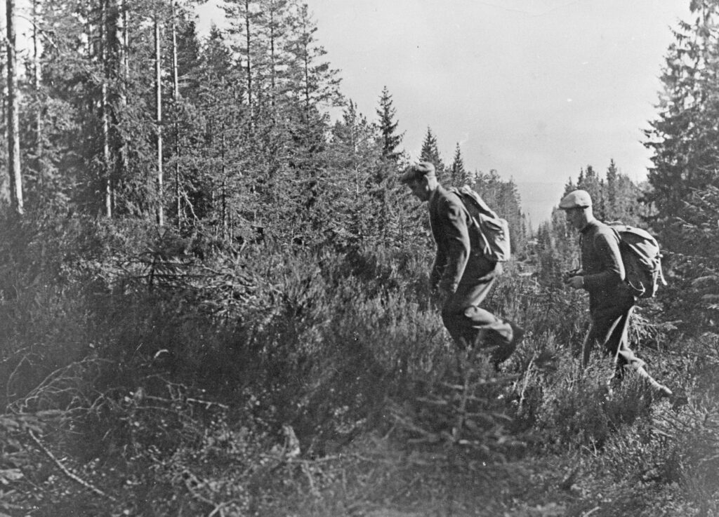 Bildet er tatt idet noen flyktninger passerer den brede gaten som er hugget i skogen for å markere grensen.