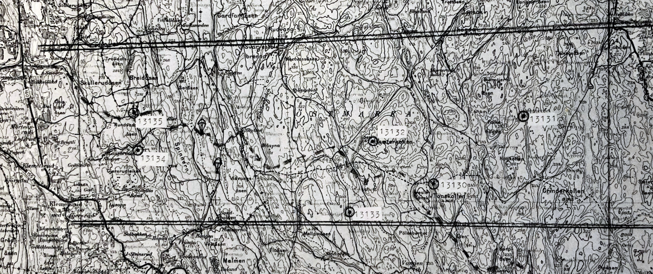 Milorgs kart med stabens og gruppenes kommando¬plasser. Fra Terje Diesen: "Milorg område 13130", Søndre Aker Historielags Årbok for 1986.