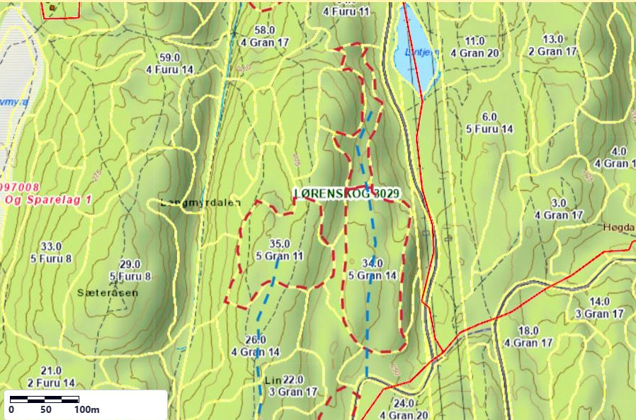Kart nr. 2 viser den planlagte hogsten vest for Lintjern. Kart fra Landbrukskontoret.
