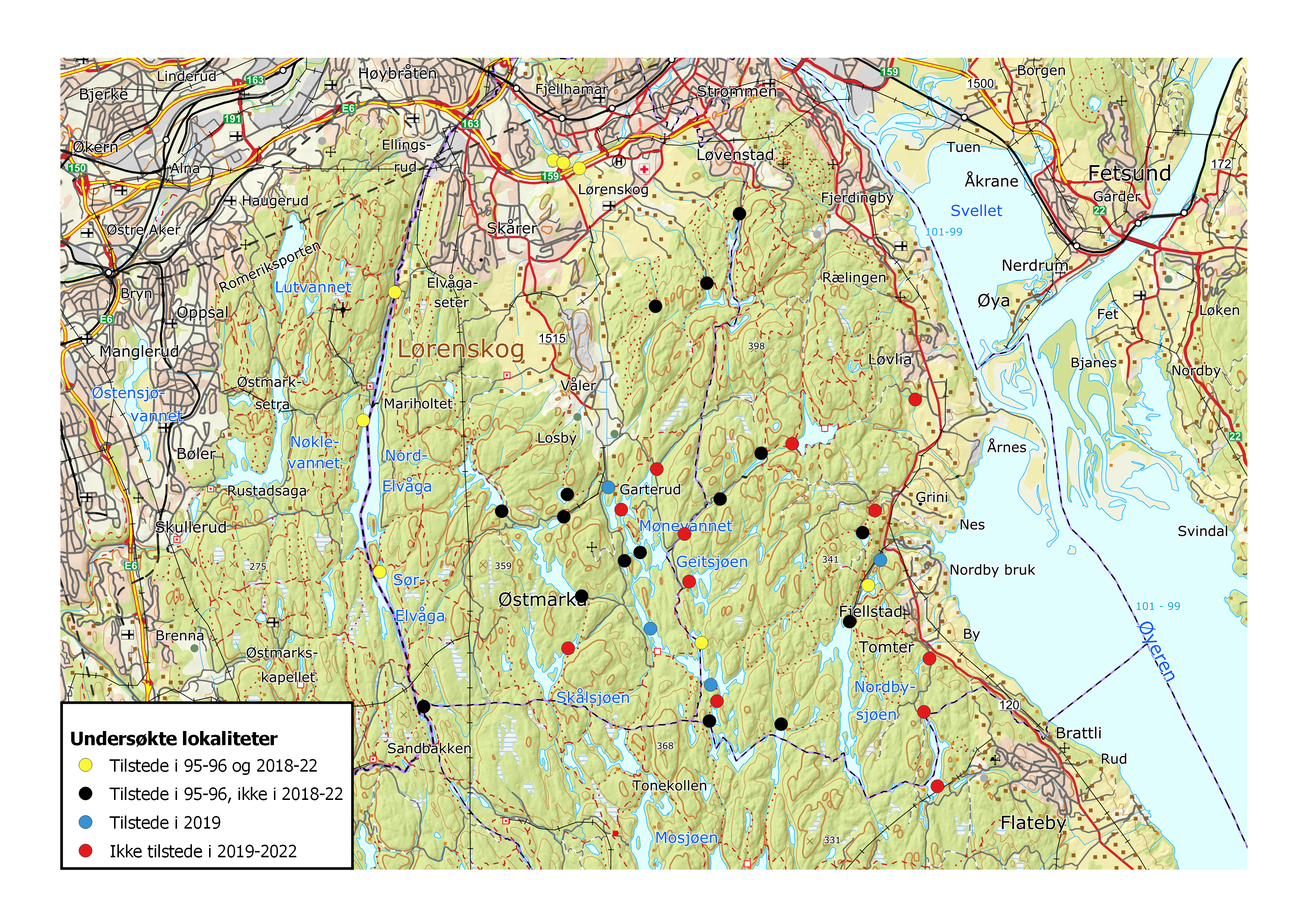Kartet viser resultater fra kartleggingene i 1995-96 og 2018-2022.