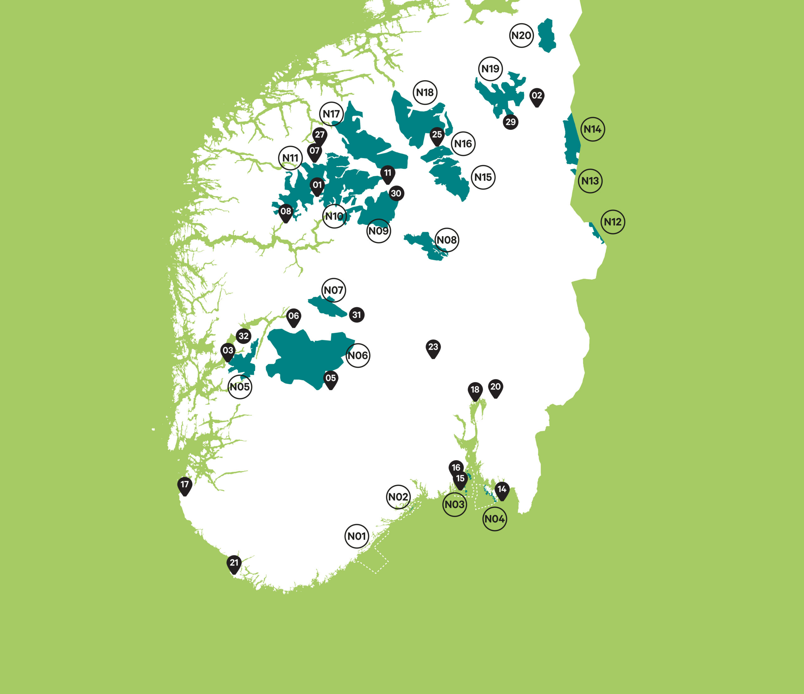 I 2011 fantes det ikke nasjonalparker i den sørøstlige delen av Norge, med unntak for den hovedsakelig marine Ytre Hvaler nasjonalpark (N04, etablert i 2009). På dette kartet fra 2023 ser vi også Færder nasjonalpark (N03 – 2013), Raet nasjonalpark (N01 – 2016) og Jomfruland nasjonalpark (N02 – 2016).