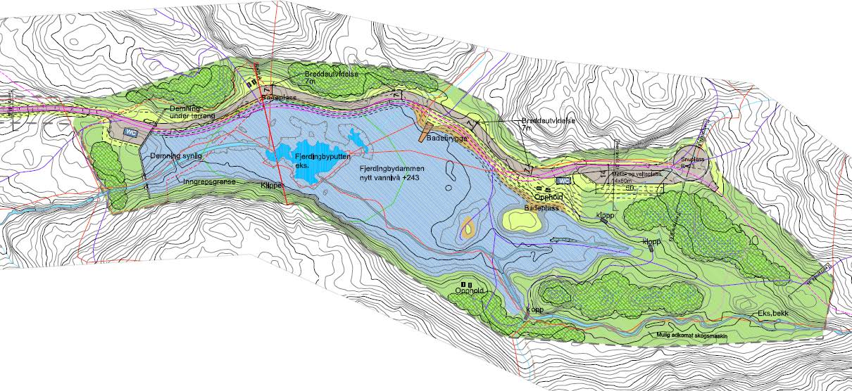 Kartskissen viser Fjerdingbydammen ved oppfylt dam, dersom det refuserte planforslaget var blitt gjennomført. Illustrasjon: Rælingen kommune.