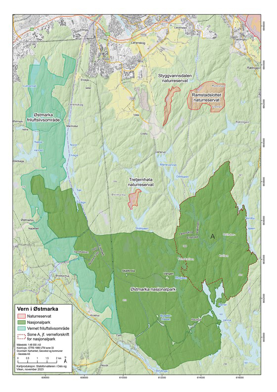 Dette kartet viser omfanget av den nye nasjonalparken med friluftslivsområder. Illustrasjon: Statsforvalteren i Oslo og Viken.