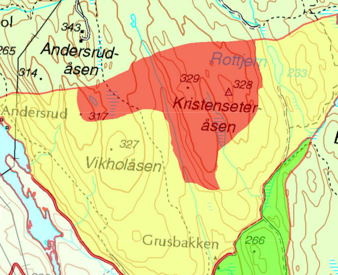 Det mulige nasjonalpark-området ved Kristenseteråsen og Rottjernkollen er allerede administrativt fredet i Enebakk kommune. Området grenser i nord til Rausjø skog (Oslo kommune), i vest til Fugleleiken og Svarttjern, i øst mot Rottjern. og i sør til enden av Kristenseteråsen. Illustrasjon: Fra Enebakk kommunes flerbruksplan.