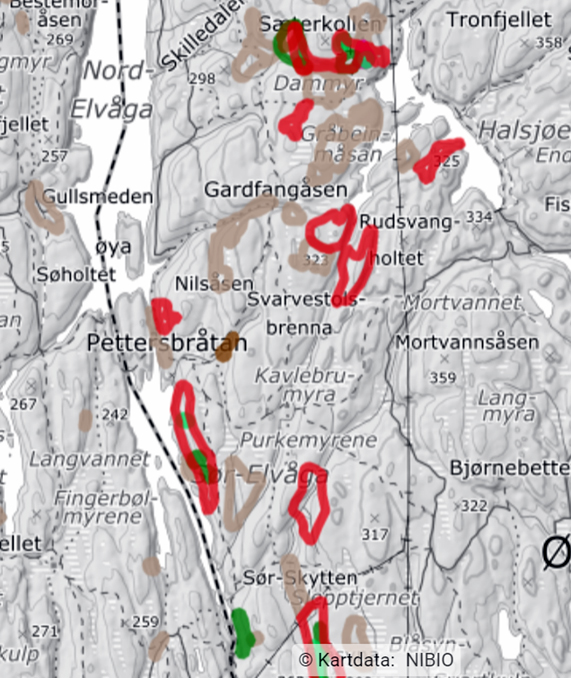 Dette kartet er gjengitt i ØVs notat og viser livsmiljøer som Losby ikke har valgt ut for beskyttelse (i lysebrunt), mens de utvalgte nøkkelbiotopene er vist i rødt, grønt og et lite område i brunt øst for Pettersbråtan. (Kart fra Kilden).