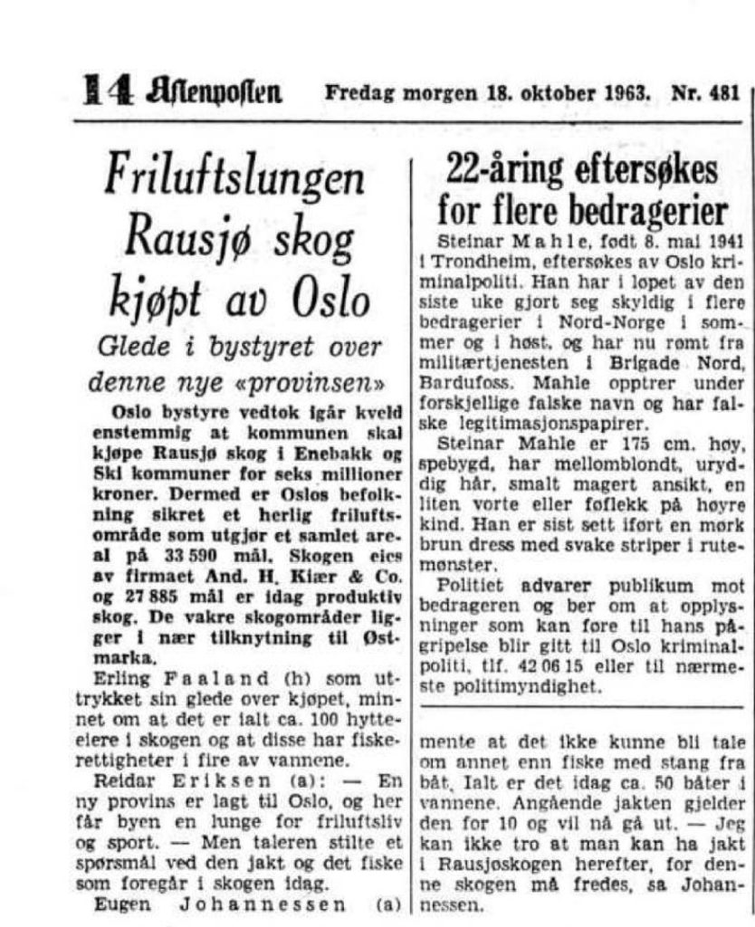 Faksimile av Aftenpostens korte artikkel om Rausjø-kjøpet i 1963.
