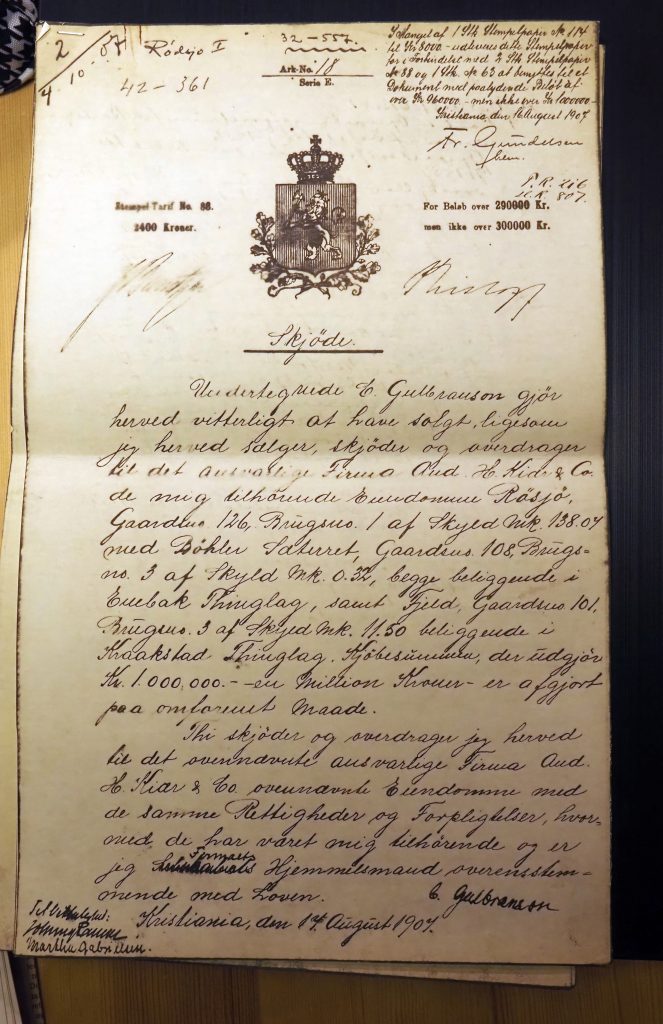 Skjøtet fra 1907: «Undertegnede C. Gulbranson gjør herved vitterligt at have solgt, ligesom jeg herved sælger, skjøder og overdrager….»