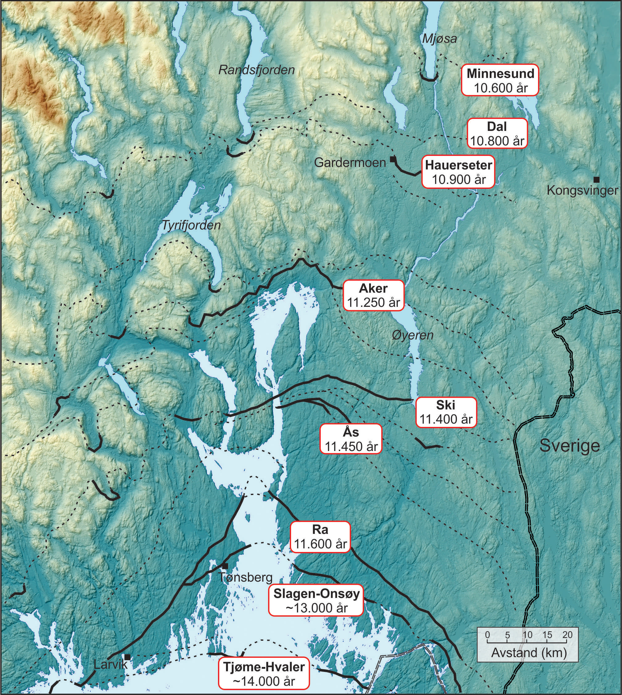 Kartet viser aldre for israndavsetningene som ble dannet under innlandsisens tilbaketrekning fra ytre Oslofjord til Mjøsa. Illustrasjon: NGU
