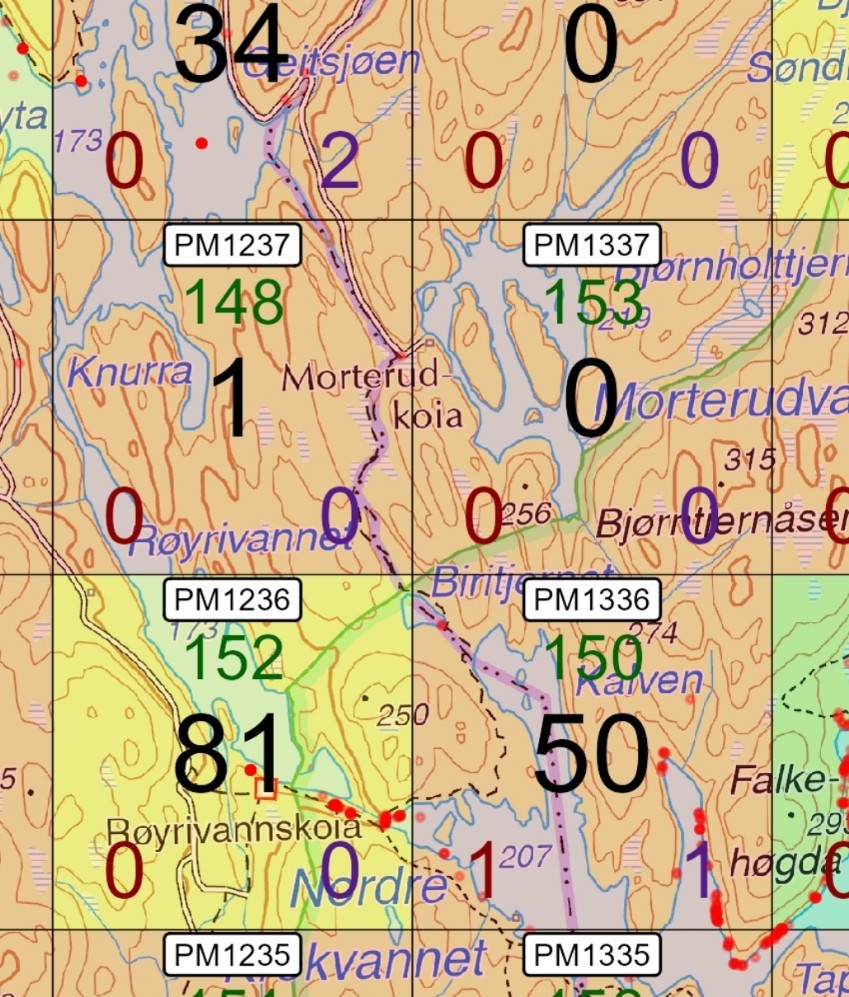 Utsnittene fra Plantekart viser registrerte karplanter i et lite område før 2025 – og etter årets kartlegging. Røyrivannet og Knurra til venstre.