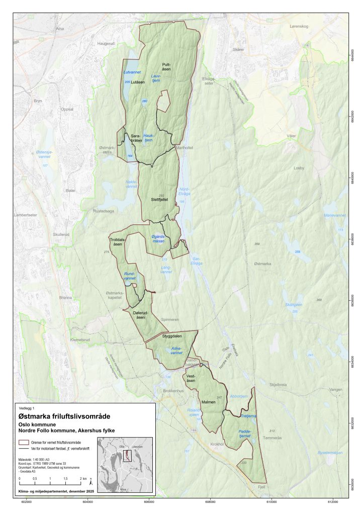 Kartet viser omfanget av friluftslivsområdet etter utvidelsen som ble vedtatt 12. desember. Kart: Statsforvalteren.