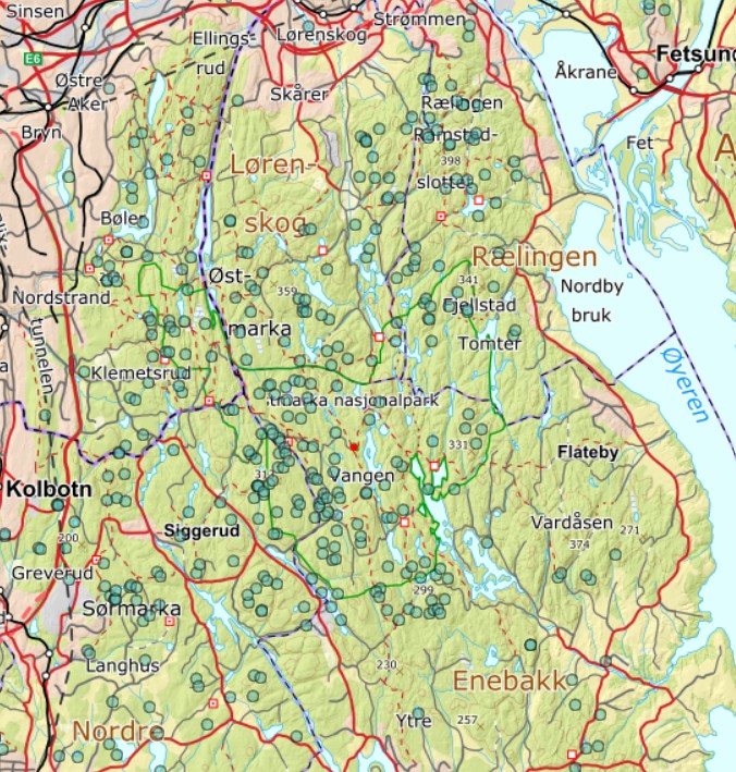 Kartet viser hvor torvmyrullen er funnet i Østmarka, men registreringen er mangelfull.